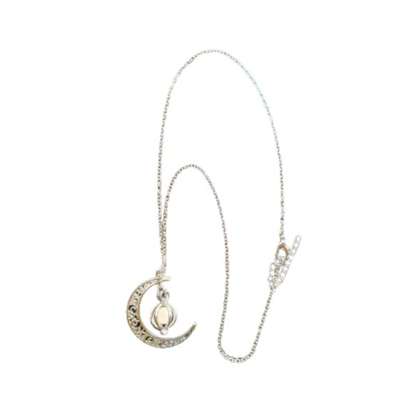 Crescent Moon with Luminous Caged Light Green Glowing Orb Pendant Silver Chain - Picture 10 of 12